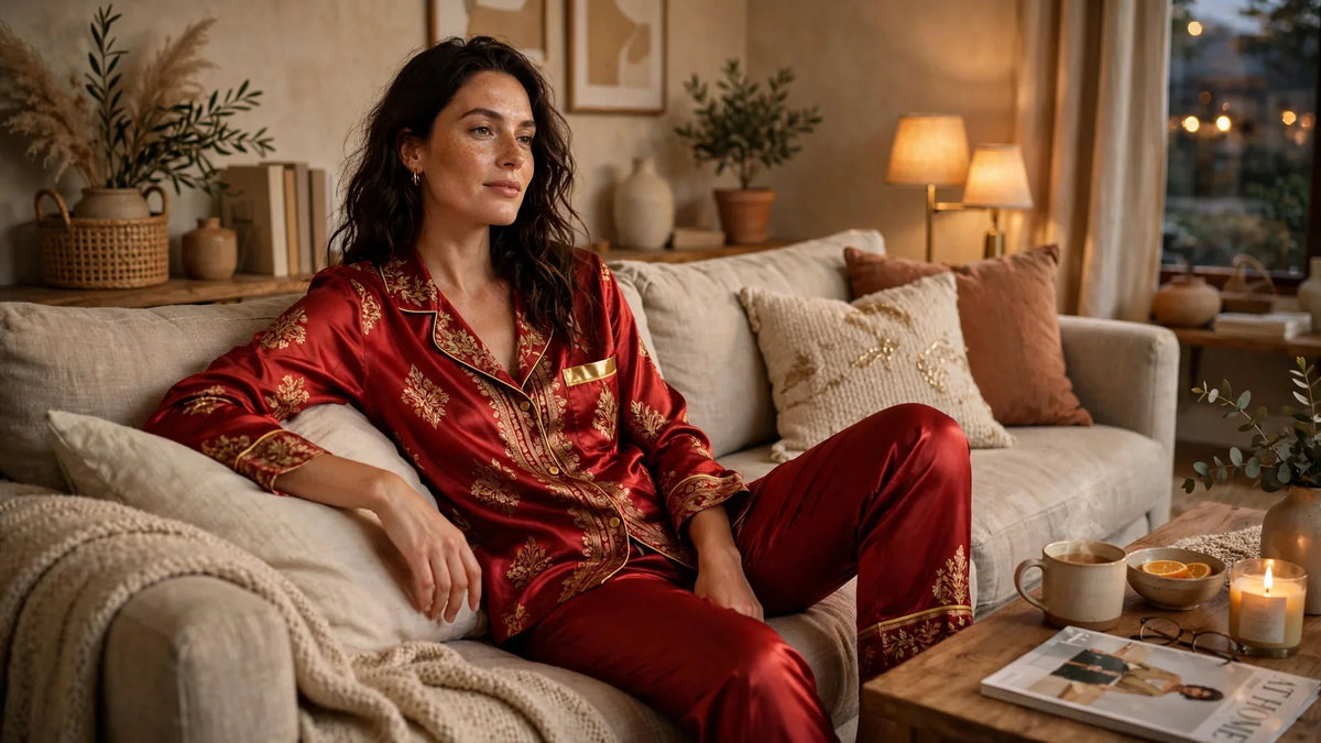 Femme détendue sur un canapé en pyjama de soie rouge et or