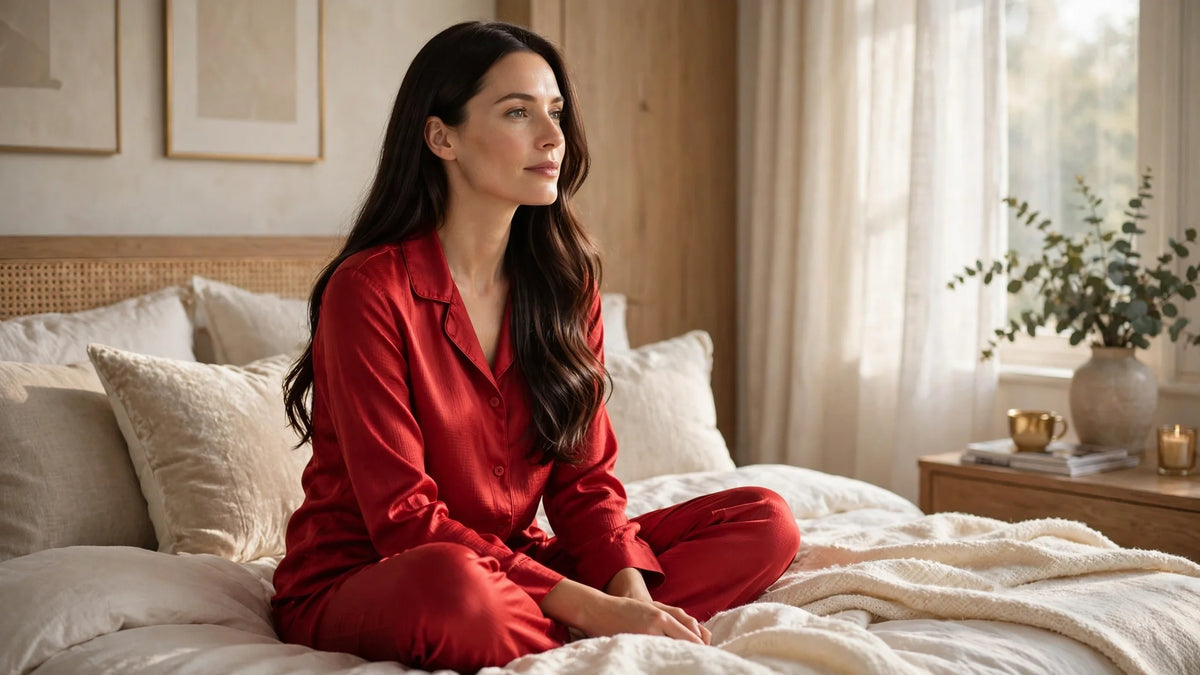 Femme aux cheveux longs assise sur un lit en pyjama de soie rouge