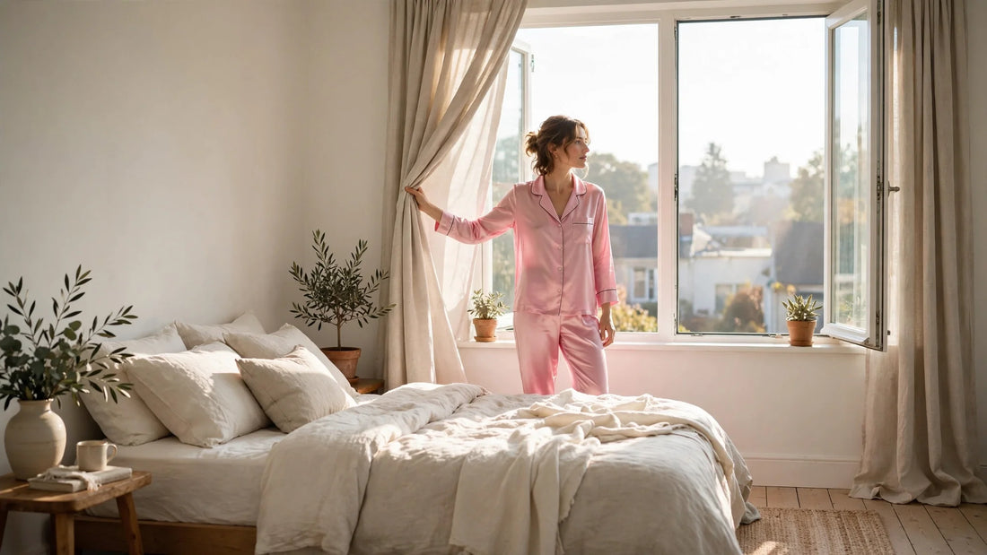 Femme ouvrant les rideaux et la fenêtre le matin en pyjama de soie rose