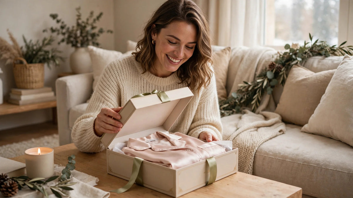 Femme souriante ouvrant un coffret cadeau avec un pyjama en soie plié à l'intérieur