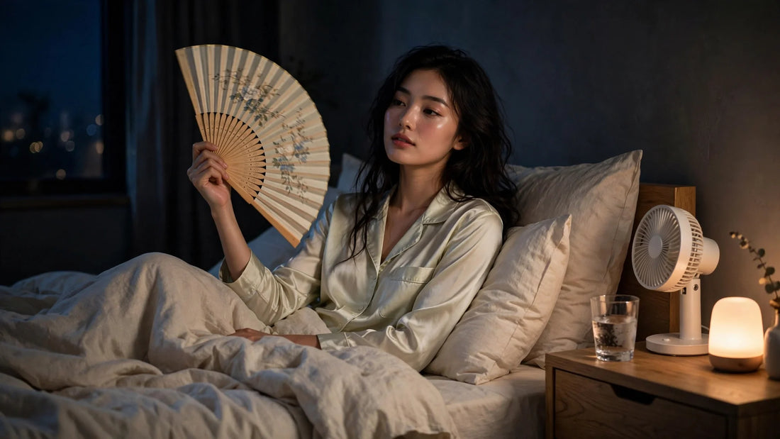 Femme assise dans son lit la nuit s'éventant avec un éventail en pyjama de soie clair