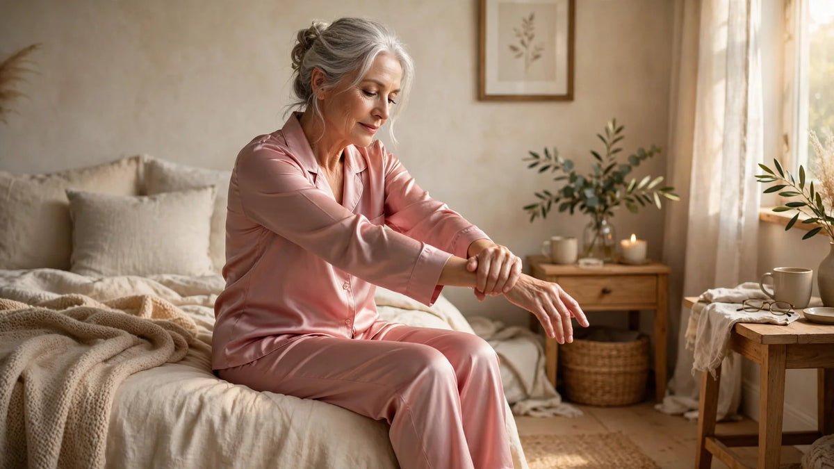 Femme senior en pyjama de soie rose assise sur son lit en train d'étirer son poignet