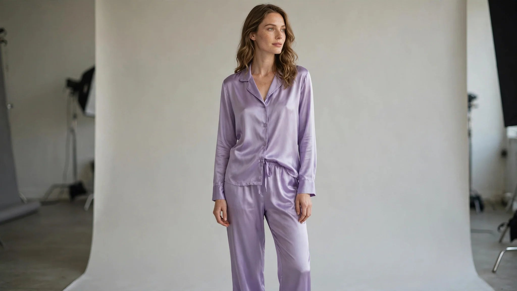 Femme portant un pyjama en soie lavande, photo studio professionnelle