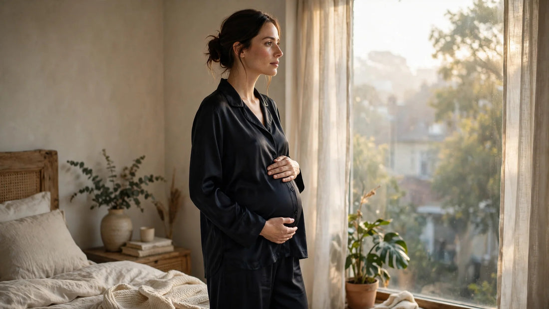 Femme enceinte près d'une fenêtre en pyjama de soie noir tenant son ventre