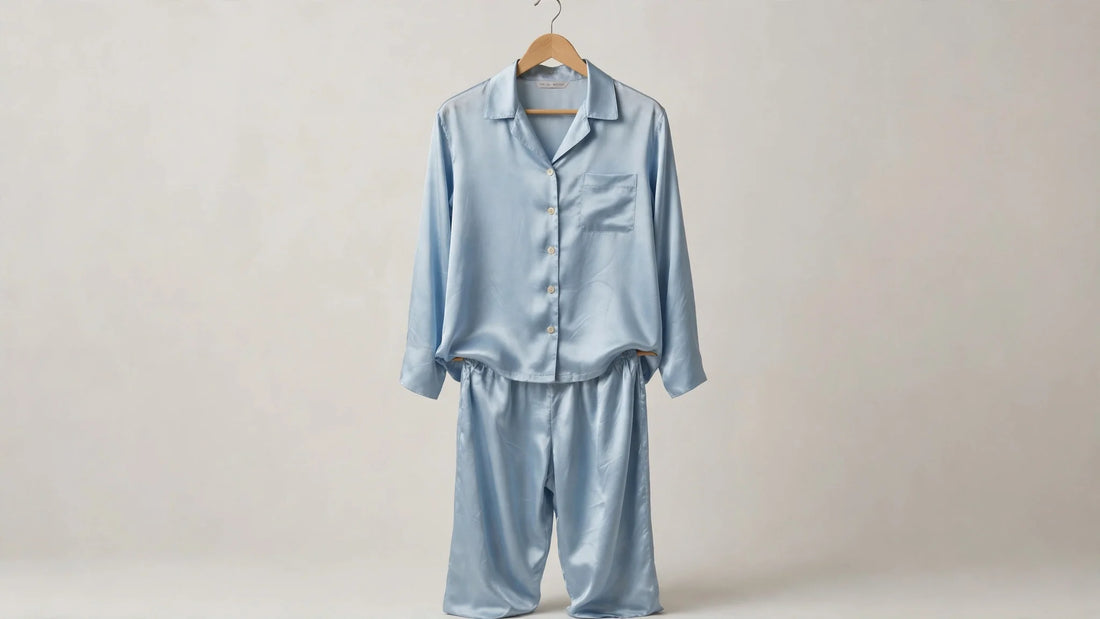 Pyjama en soie bleu clair suspendu sur cintre