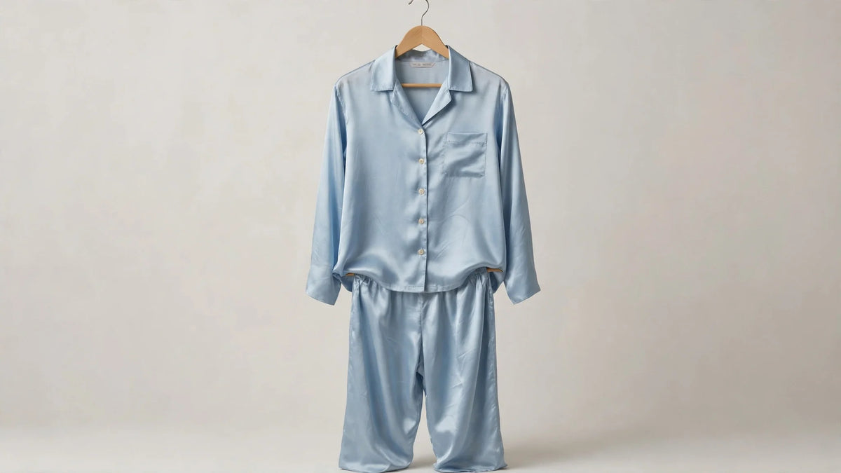 Pyjama en soie bleu clair suspendu sur cintre