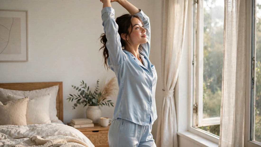 Femme s'étirant près d'une fenêtre ouverte le matin en pyjama de soie bleu clair