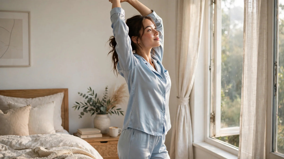 Femme s'étirant près d'une fenêtre ouverte le matin en pyjama de soie bleu clair