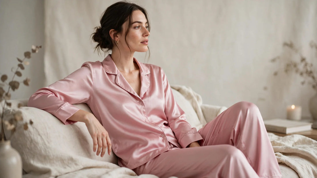 Femme portant un ensemble en soie satinée rose poudré