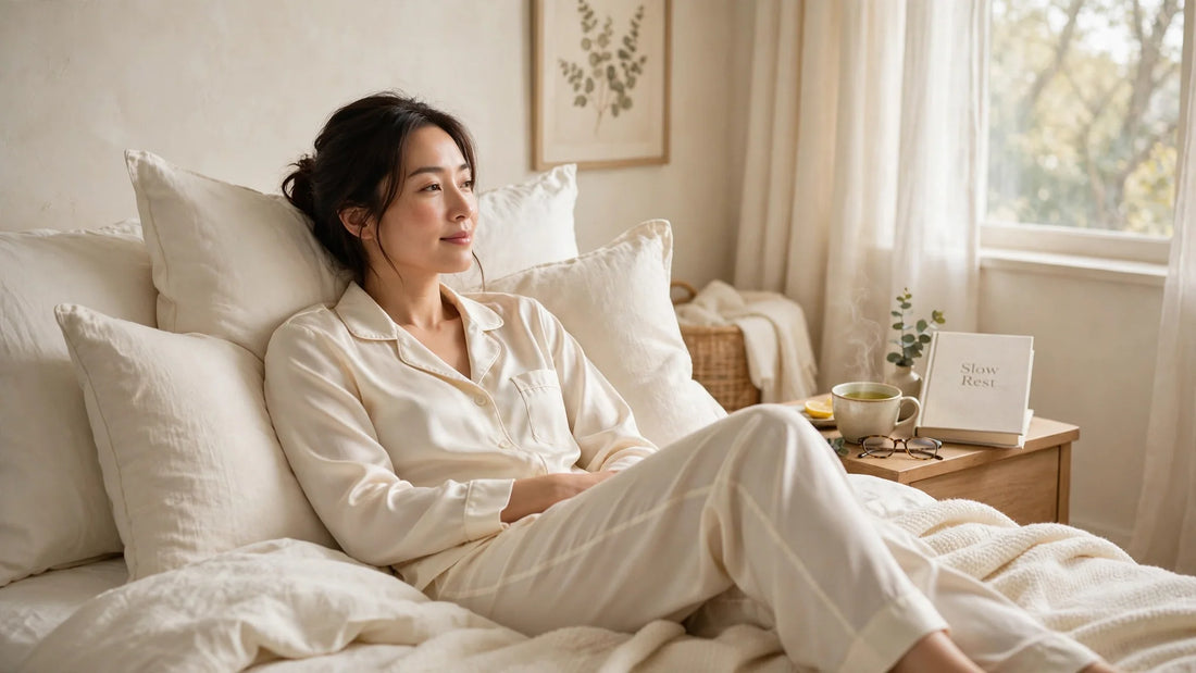 Femme installée confortablement dans son lit en pyjama de soie crème pendant une convalescence