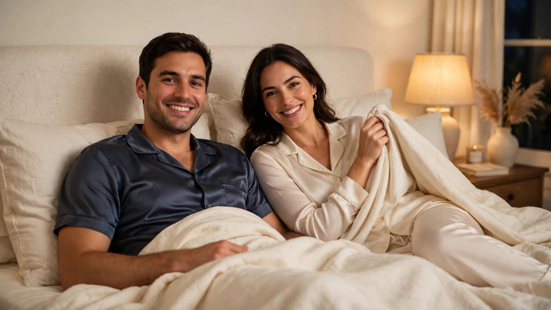 Couple souriant au lit en pyjamas de soie différents, l'un manches courtes l'autre manches longues