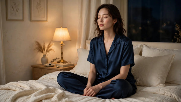 Femme assise en tailleur les yeux fermés en pyjama de soie bleu nuit, moment de calme avant de dormir