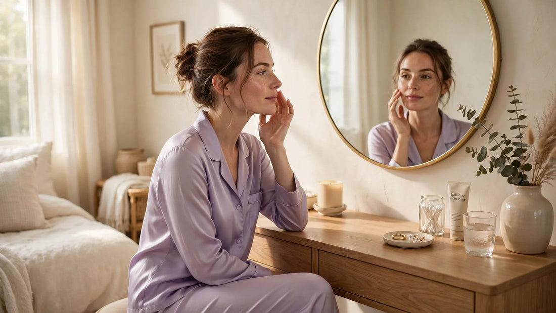 Femme touchant sa joue devant un miroir de coiffeuse en pyjama de soie lavande