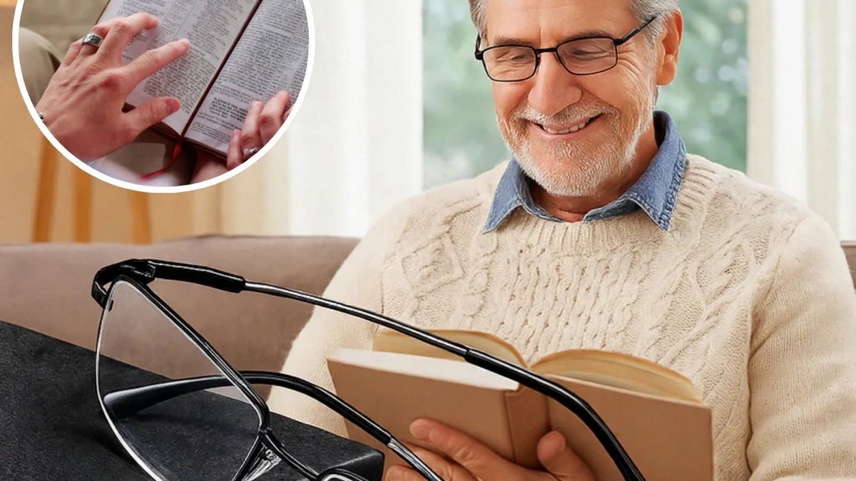 Un homme souriant lit un livre avec des lunettes de lecture à monture demi-cerclée