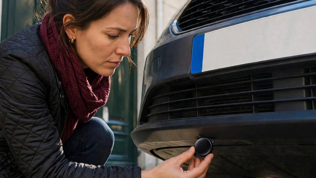 Une femme fixe un traceur compatible Localiser sous le pare-chocs de sa voiture