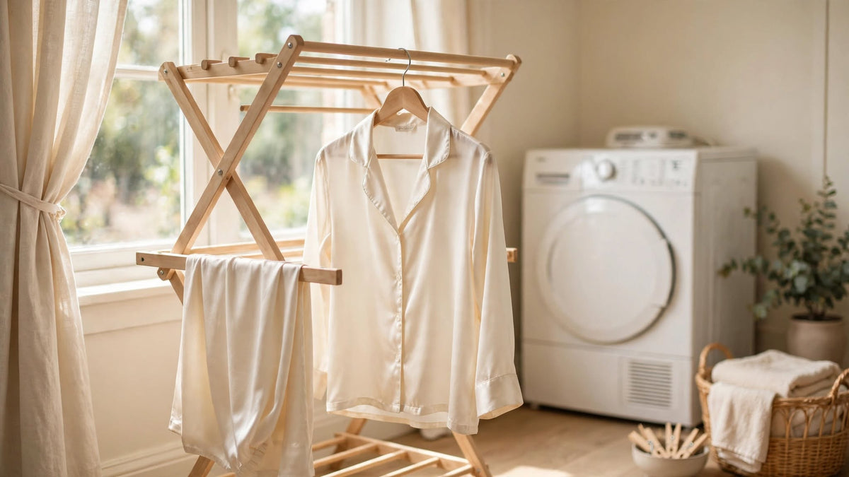 Pyjama en soie suspendu sur un séchoir près d'une fenêtre, sèche-linge éteint en arrière-plan