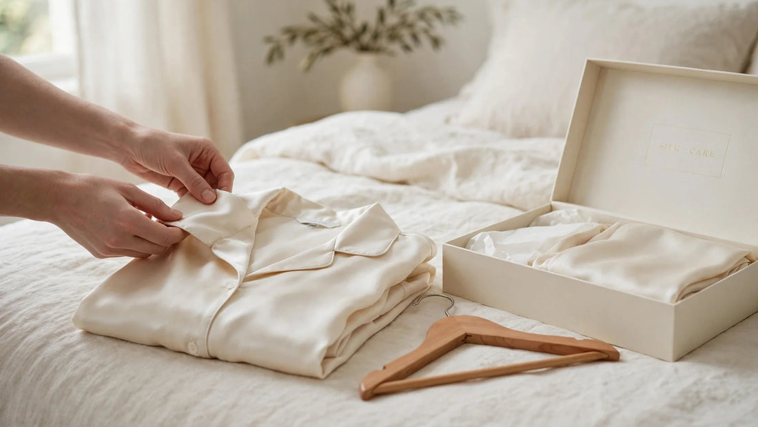 Mains pliant soigneusement un pyjama en soie crème avec un cintre en bois et une boîte de rangement