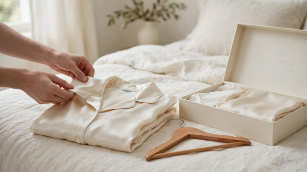 Mains pliant soigneusement un pyjama en soie crème avec un cintre en bois et une boîte de rangement