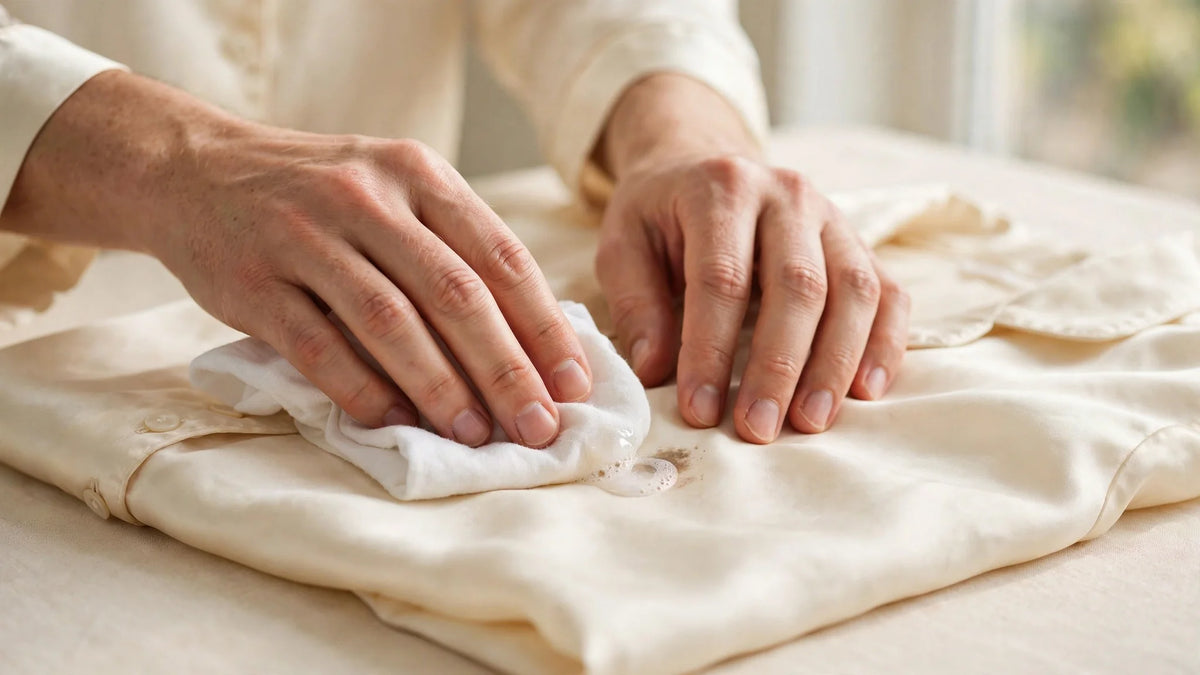 Mains traitant une tache sur un pyjama en soie avec un tissu doux et du savon