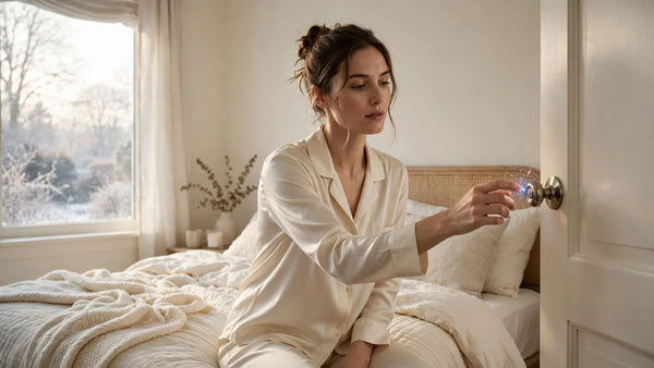 Femme touchant une poignée de porte métallique avec une petite étincelle d'électricité statique, en pyjama de soie