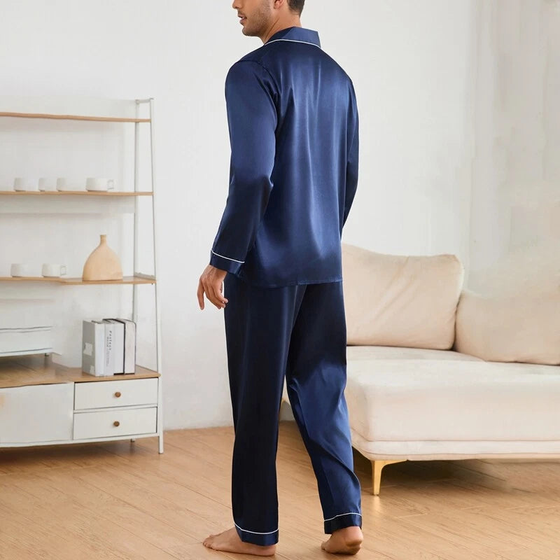 Pyjama long en soie homme luxe bleu nuit