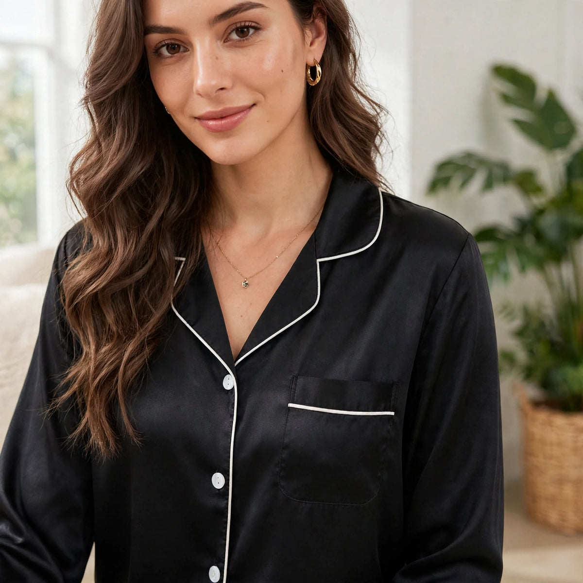 Pyjama en soie long noir pour femme