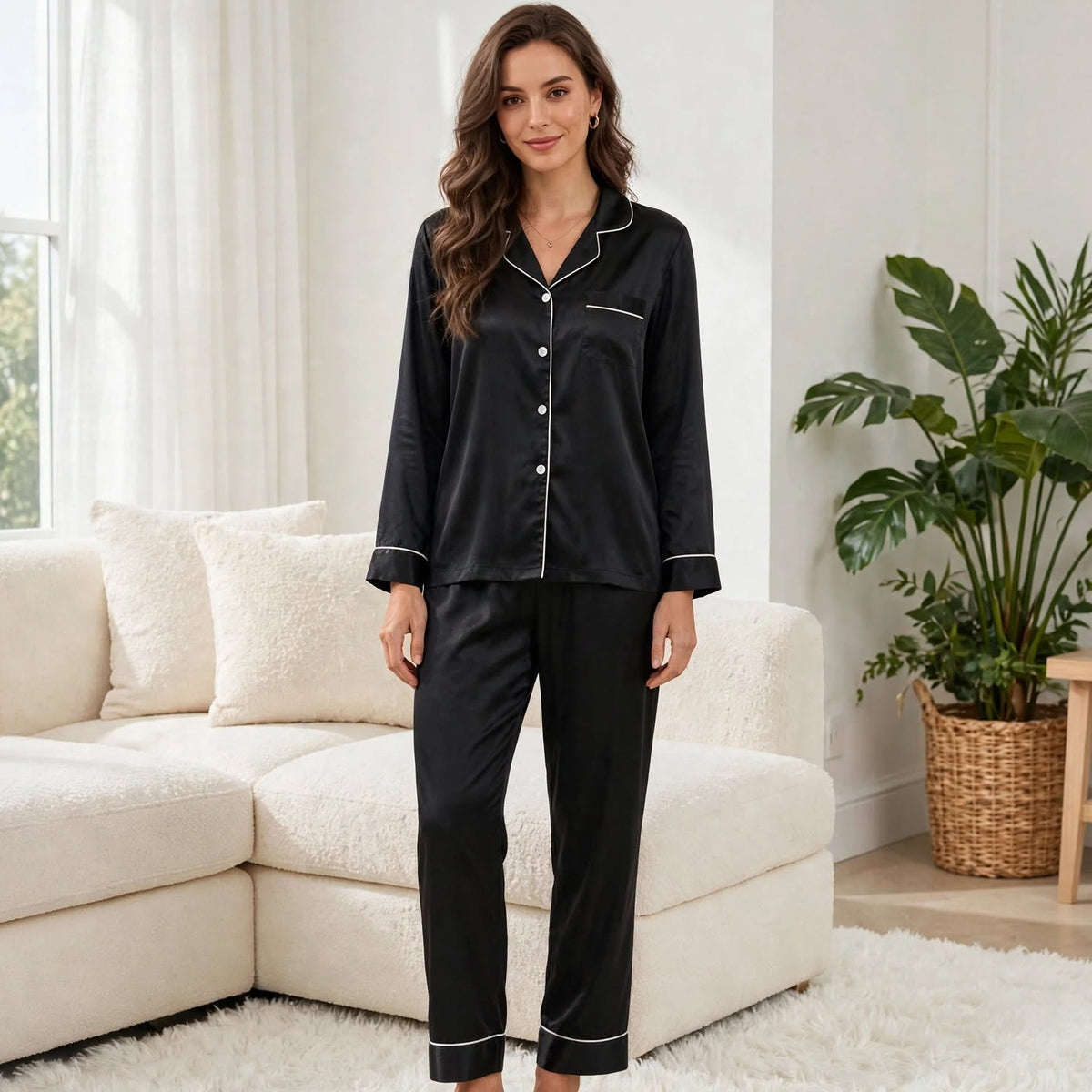 Pyjama en soie long noir pour femme