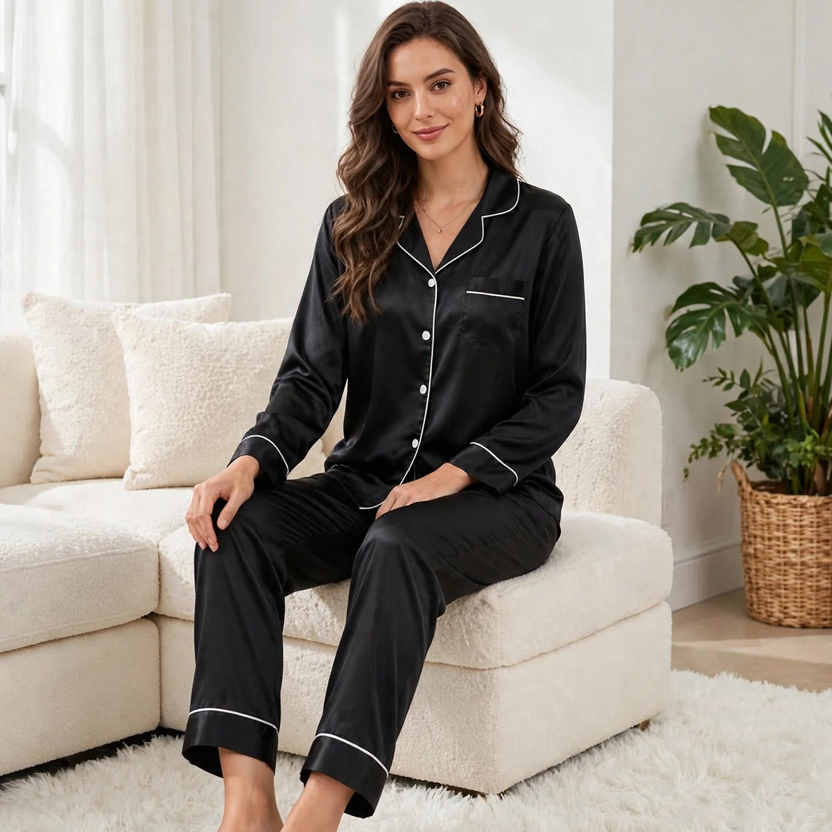 Pyjama en soie long noir pour femme