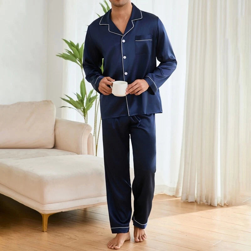 Pyjama long en soie homme luxe bleu nuit