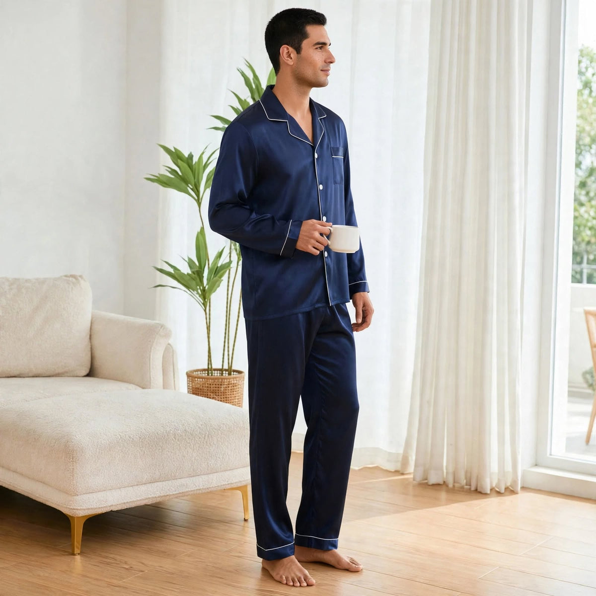 Pyjama long en soie homme luxe bleu nuit