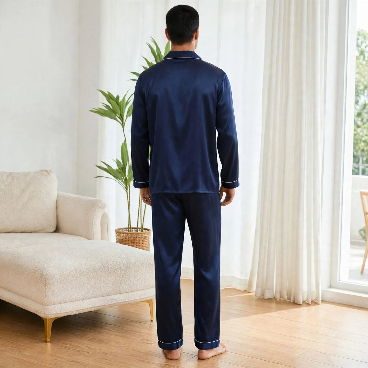 Pyjama long en soie homme luxe bleu nuit