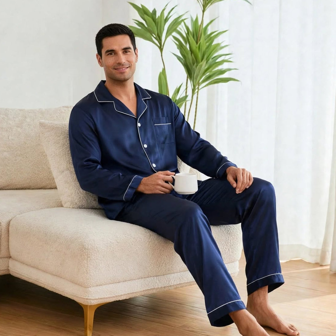 Pyjama long en soie homme luxe bleu nuit