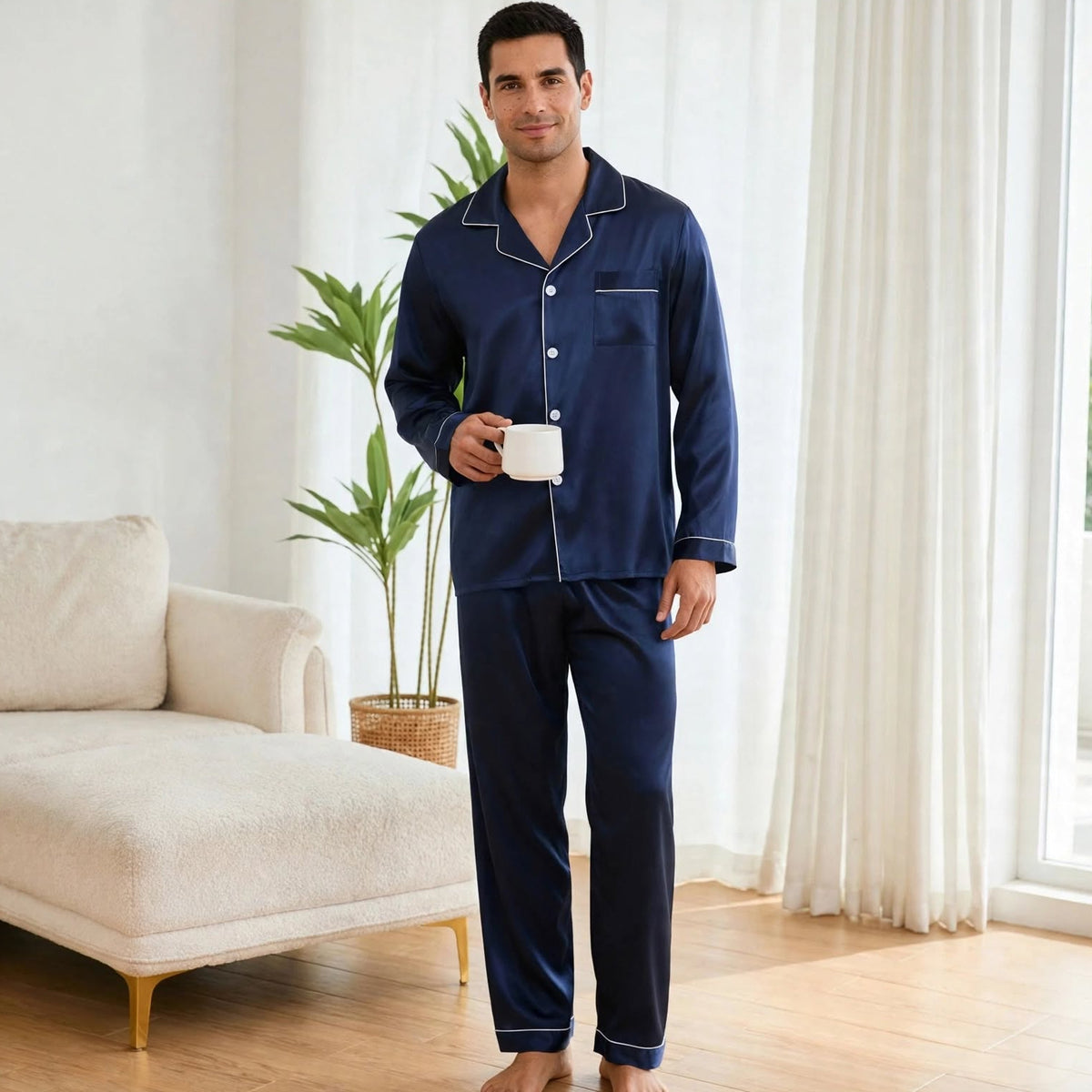 Pyjama long en soie homme luxe bleu nuit