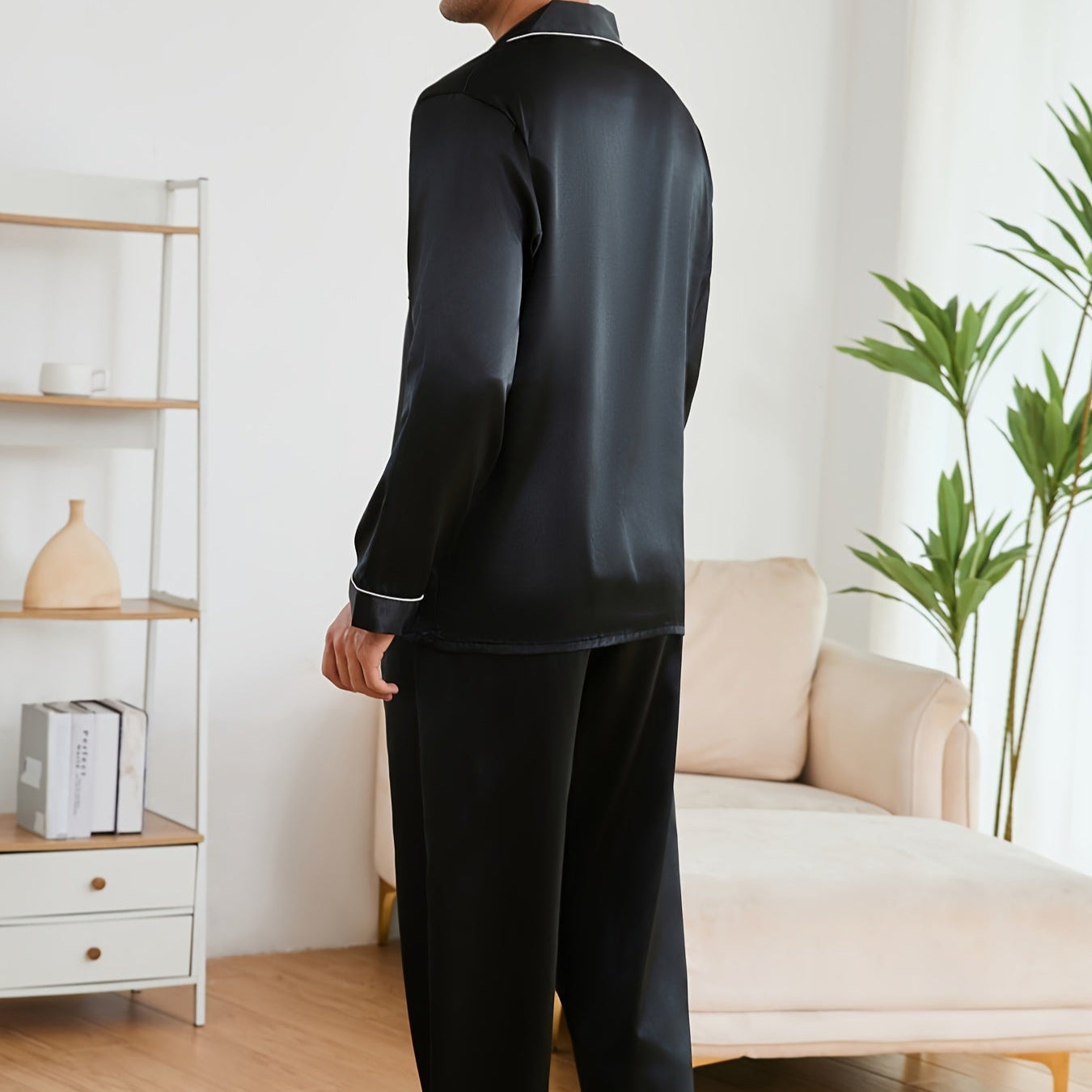Pyjama noir long en soie homme