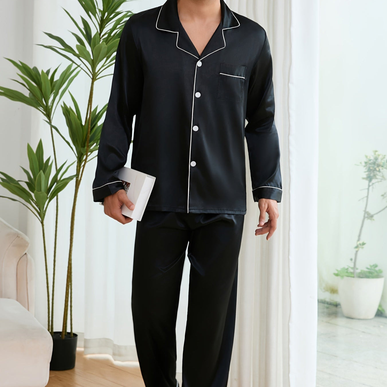 Pyjama noir long en soie homme
