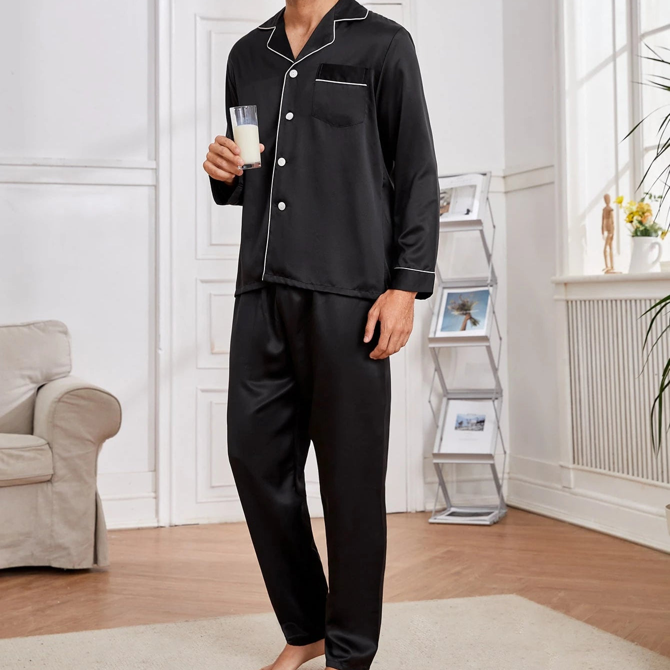 Pyjama noir long en soie homme
