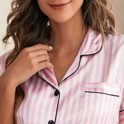 Pyjama en soie femme court rayure rose