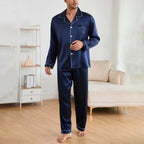 Pyjama long en soie homme luxe bleu nuit