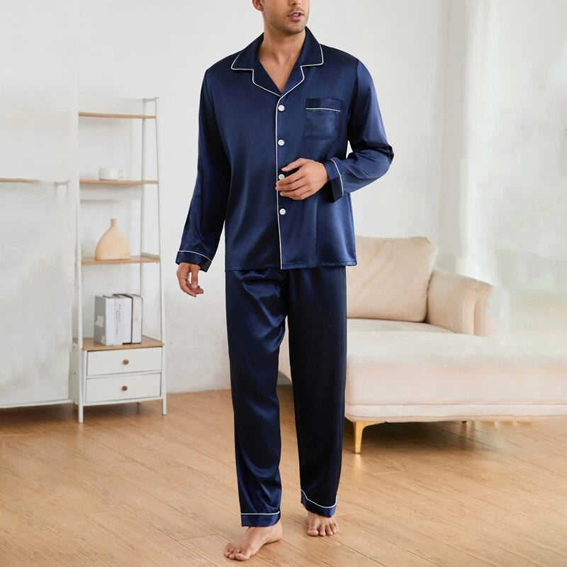 Pyjama long en soie homme luxe bleu nuit