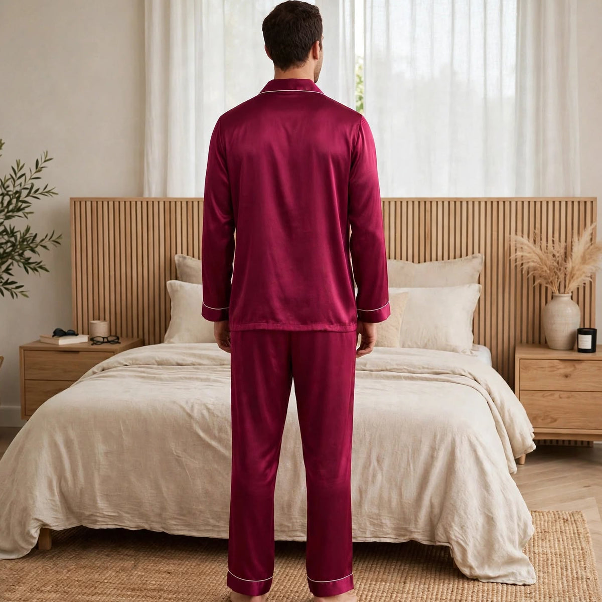 Long pyjama en soie rouge pour homme