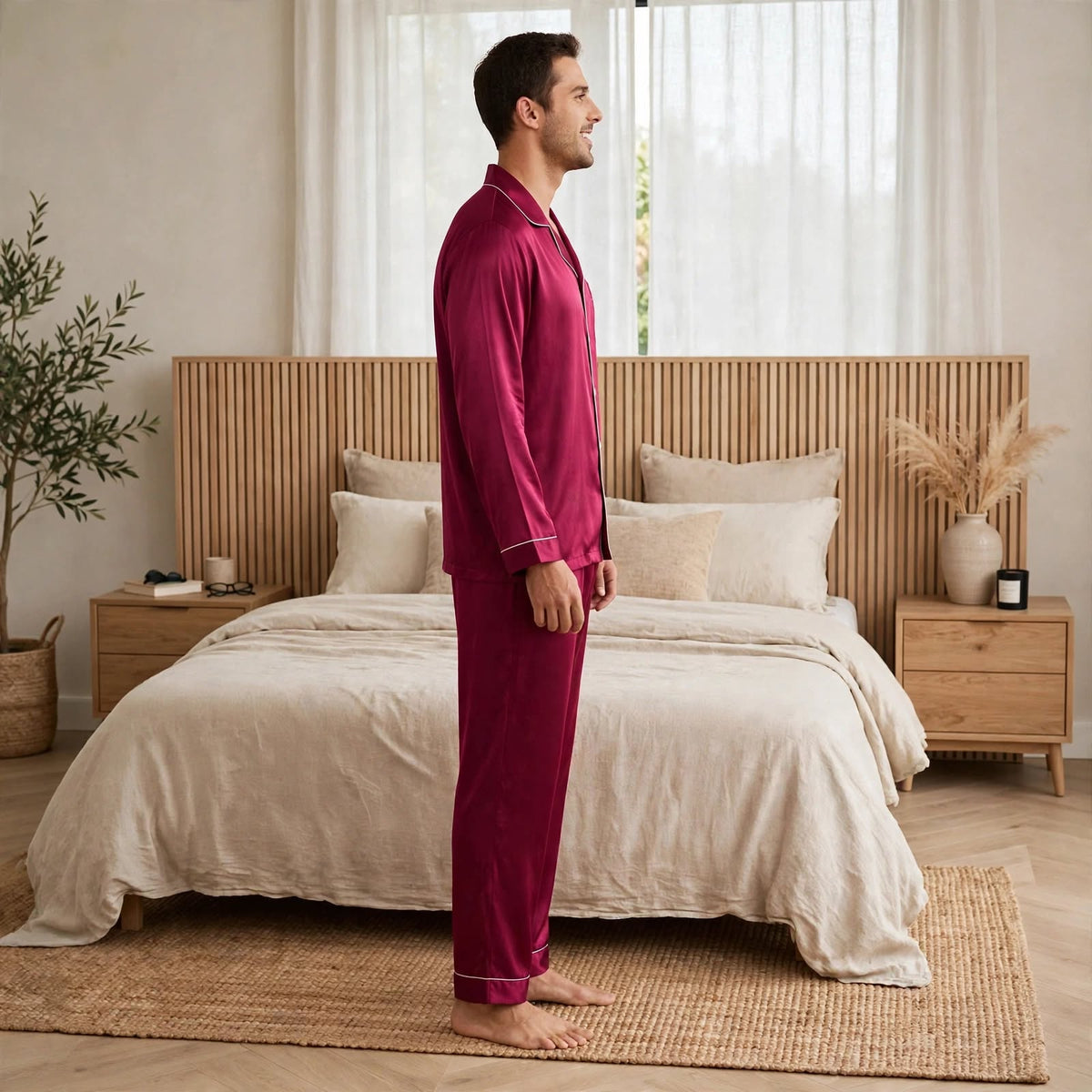 Long pyjama en soie rouge pour homme