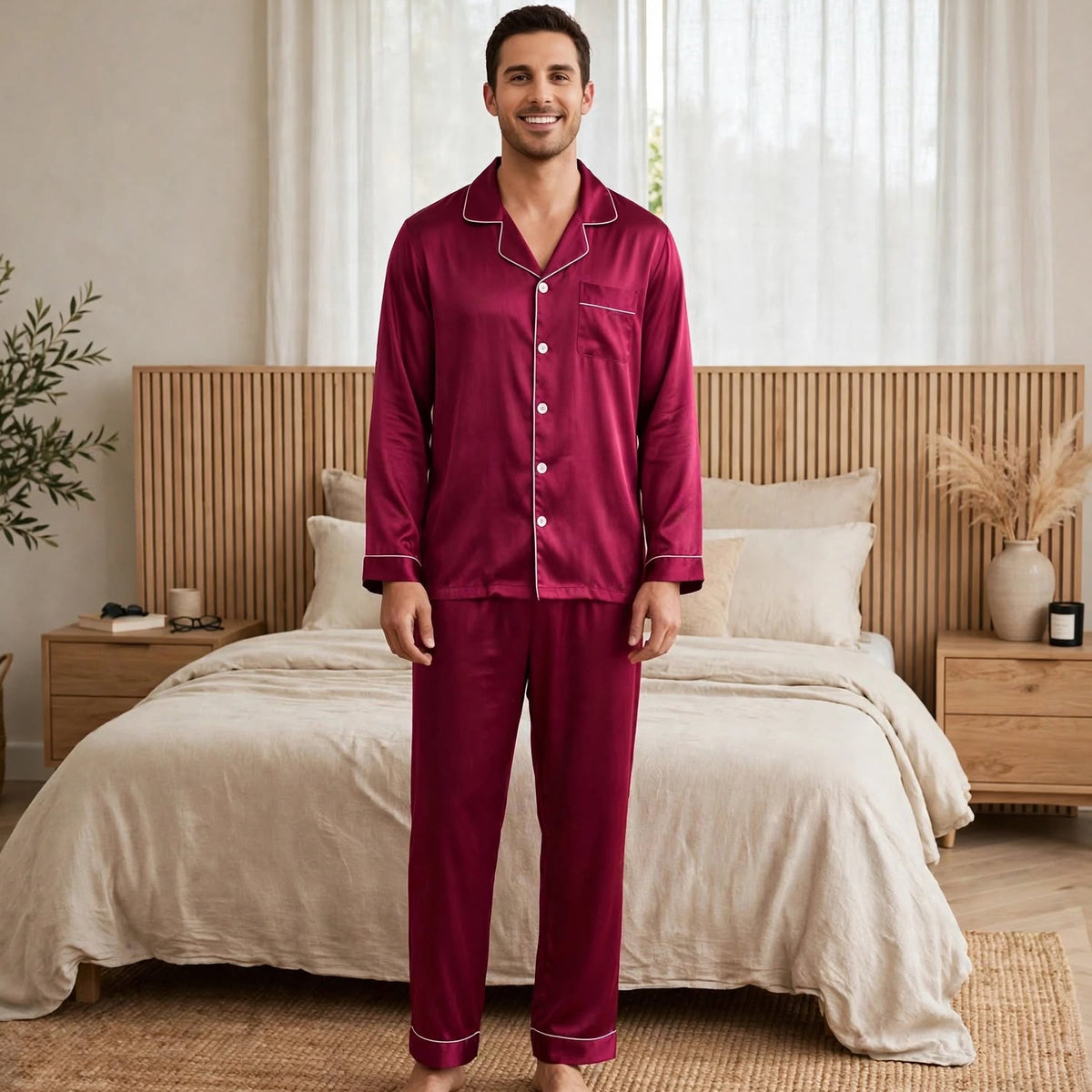 Long pyjama en soie rouge pour homme