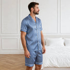 Pyjama en soie homme short rayé bleu