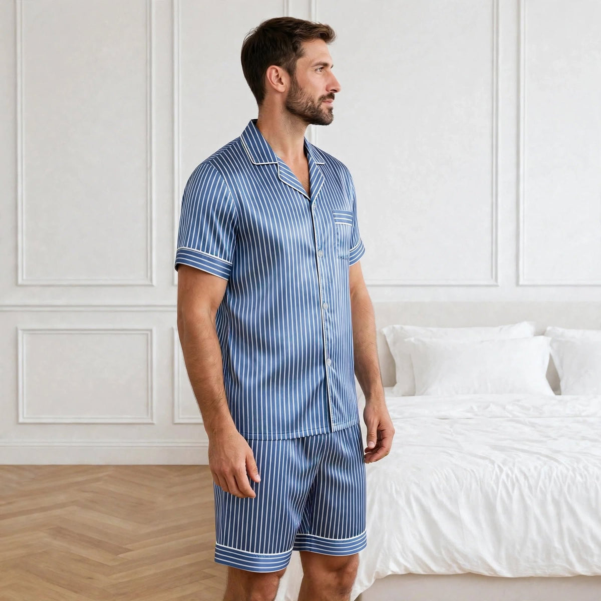 Pyjama en soie homme short rayé bleu