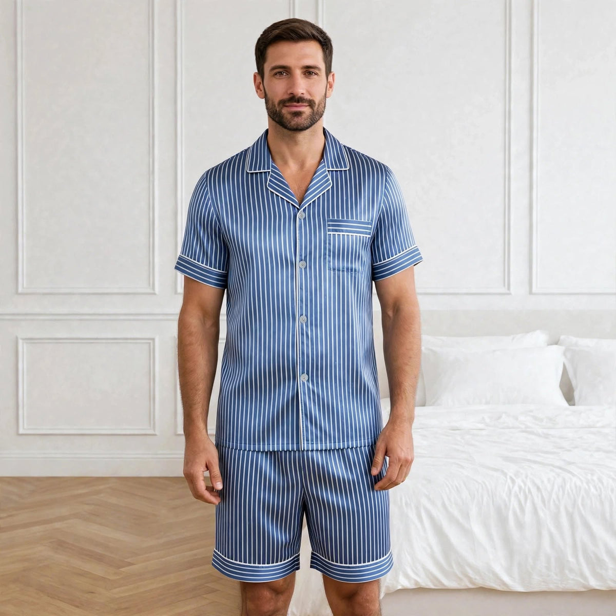 Pyjama en soie homme short rayé bleu