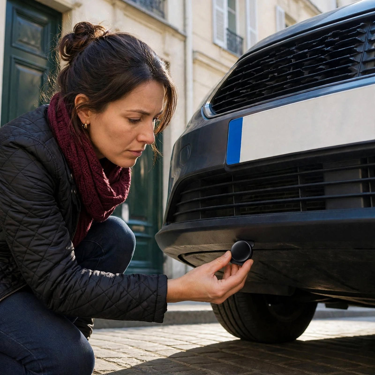Une femme fixe le traceur sous le pare-chocs de sa voiture
