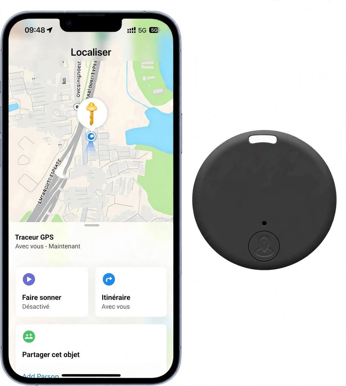 L'app Localiser affichant la position du traceur sur une carte