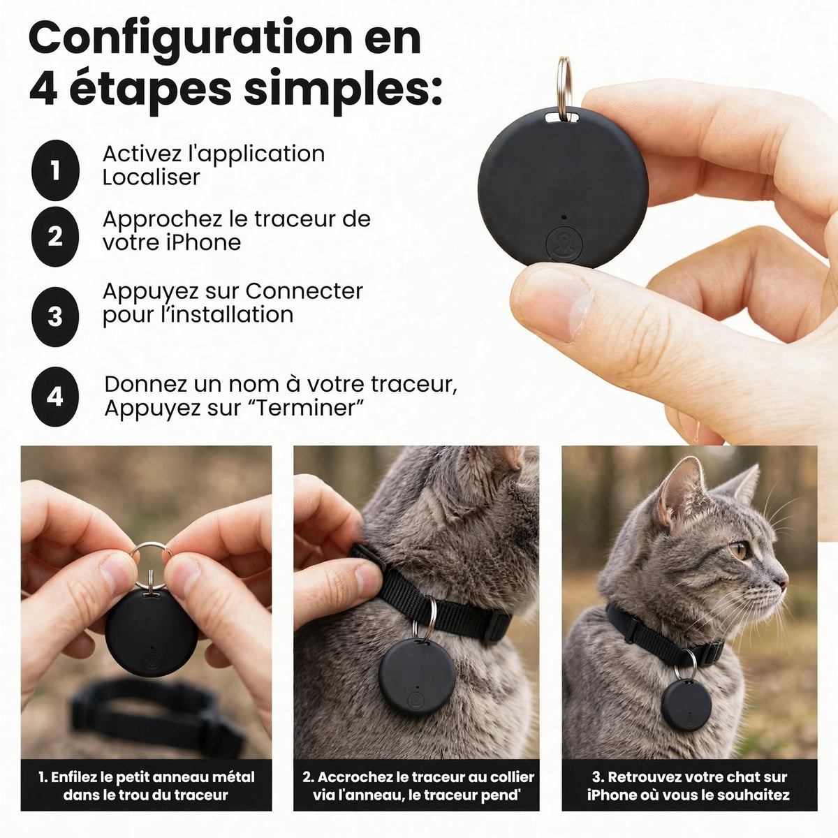 Les trois étapes pour accrocher le traceur au collier d'un chat