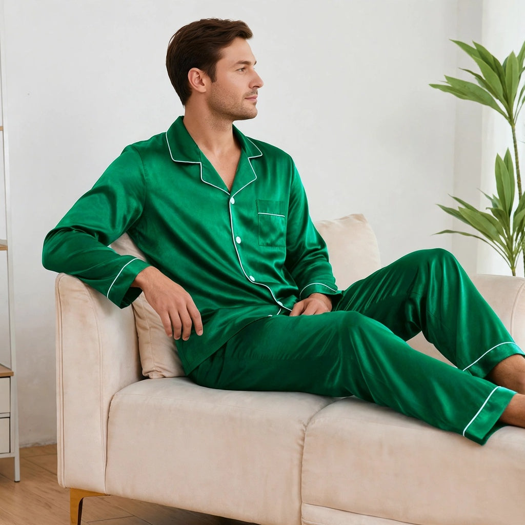 Long pyjama vert en soie pour homme