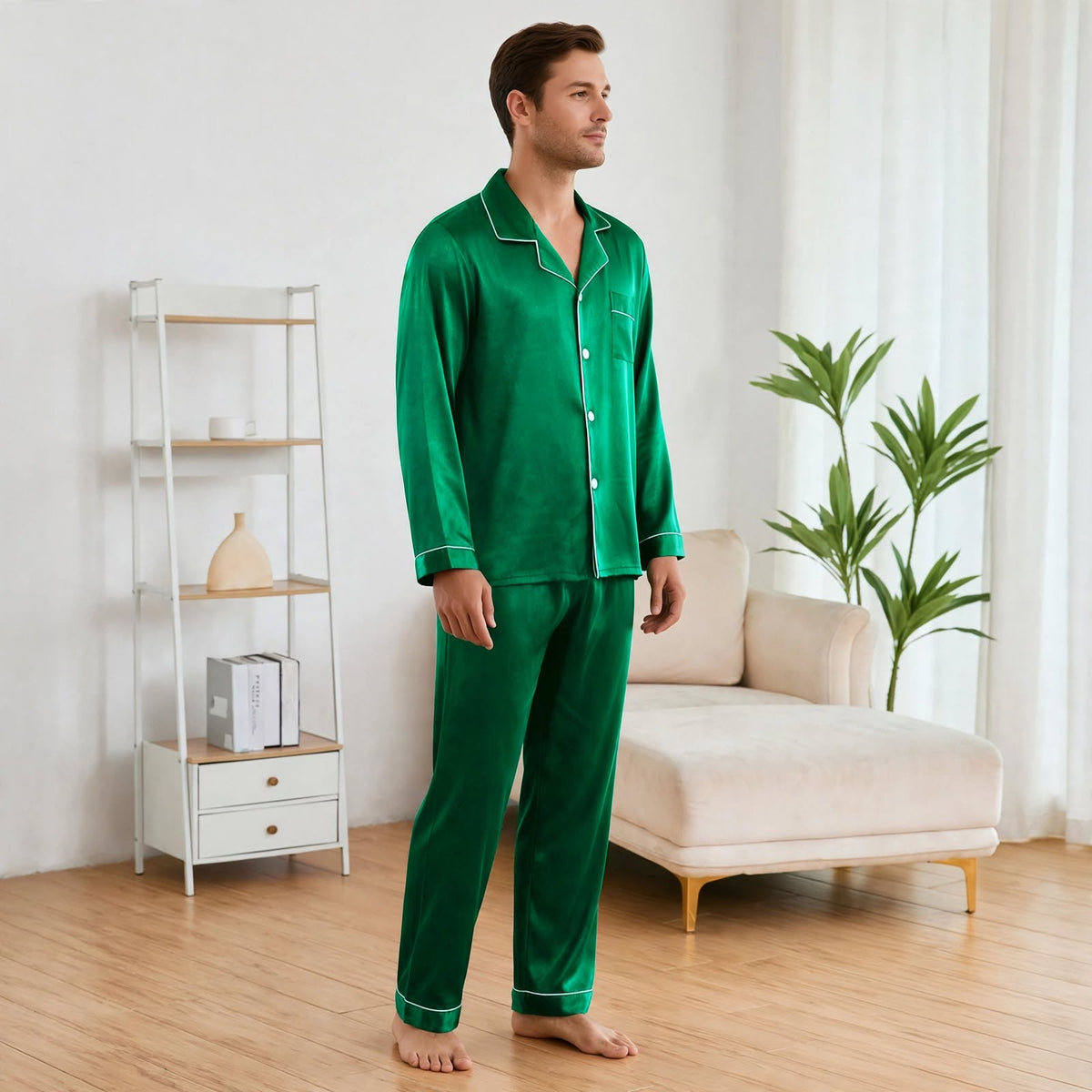 Long pyjama vert en soie pour homme